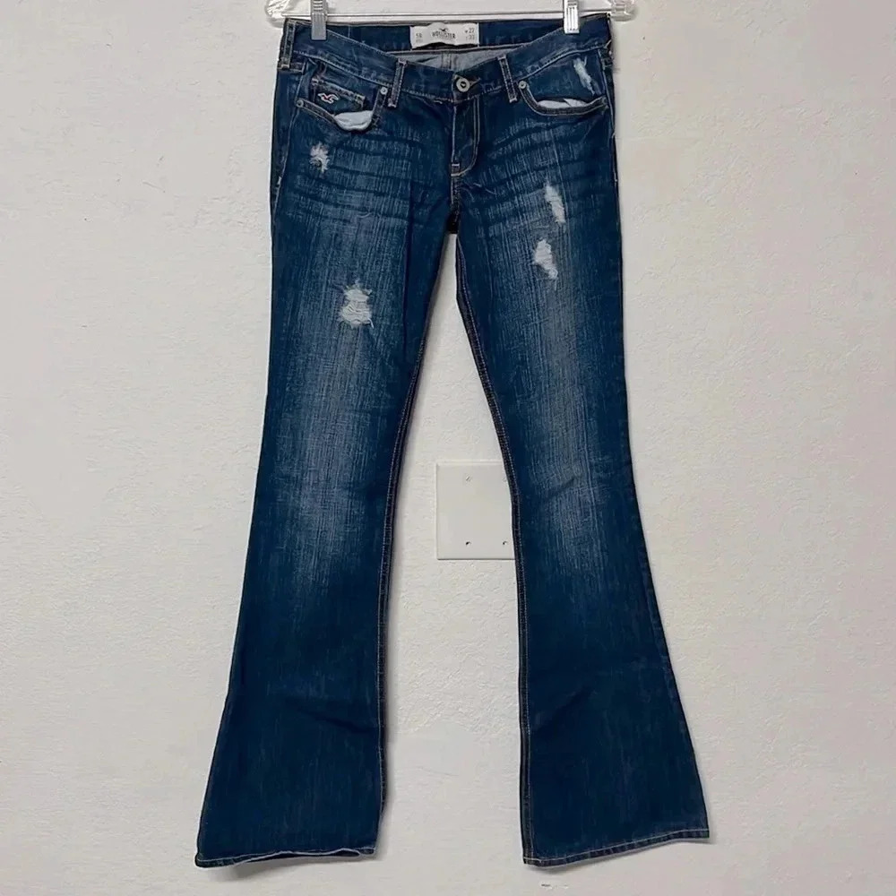 Imperfect distressed Hollister flare jeans 5R 27 100% cotton dark wash denim